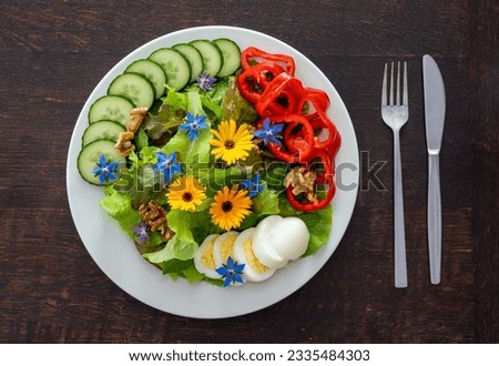 Healthy salad with lettuce, walnuts, sliced egg, bell pepper, cucumber and wild edible flowers calendula and borage isolated on the plate