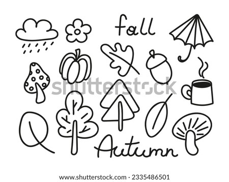 Autumn doodle set. Naive childish fall symbols, leaves, mushrooms, cloud, umbrella, trees, pumpkin, acorn. Abstract line clip art. Vector illustration isolated on white background