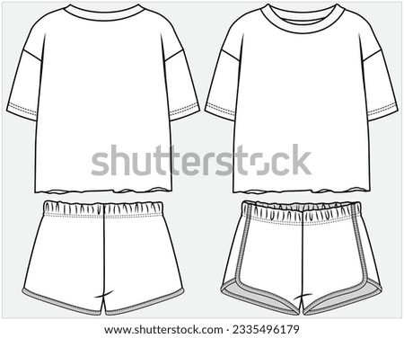 RAW HEMLINE DROP SHOULDER BOXY FIT SHORT SLEEVES SWEAT TOP PAIRED WITH SPORTY SHORTS COORDINATE SET DESIGNED FOR WOMEN TEEN GIRLS AND KID GIRLS IN EDITABLE FILE Royalty-Free Stock Photo #2335496179