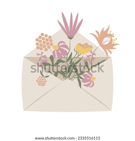Envelope with pink and yellow flowers, romantic gift, vector illustration