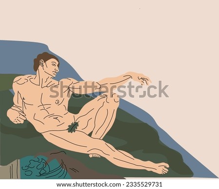 Creation of Adam. vector illustration. painting masterpieces. The birth of a person. Fresco by Michelangelo. Man and God. The picture is drawn in vector. Adam reaches out. The man lies.