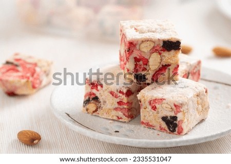 Taiwanese snack snowflake crisp with almond and freeze dried strawberry