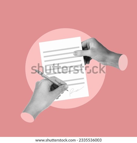 hand with sheet, signing contract, purchase sale, contracting, closing business, hand with pen and paper, accepting contract, terms and conditions, accepted, rejected, job contracting, concept Royalty-Free Stock Photo #2335536003