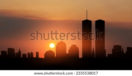New York skyline silhouette with Twin Towers at sunset. 09.11.2001 American Patriot Day banner. Royalty-Free Stock Photo #2335538017