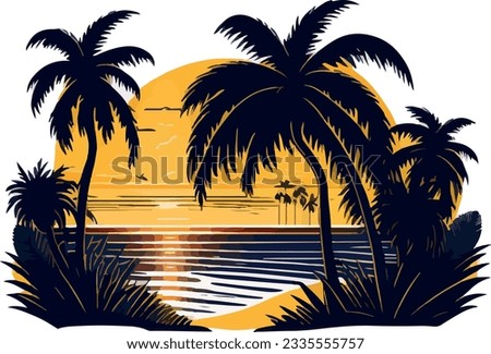 Sunset on the beach with beautiful palms