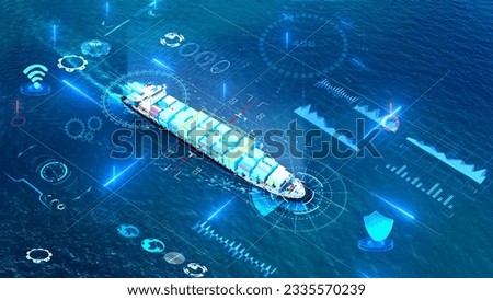AI technology Cargo Container Ship. Tehcnology Global Logistics international delivery concept, World map logistic and supply chain network distribution Container Ship running to customs ocean.