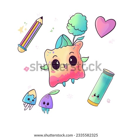 Set of funny kawaii stickers characters cartoon style hand drawn illustration isolated on a white background. Magical characters with cute emotions