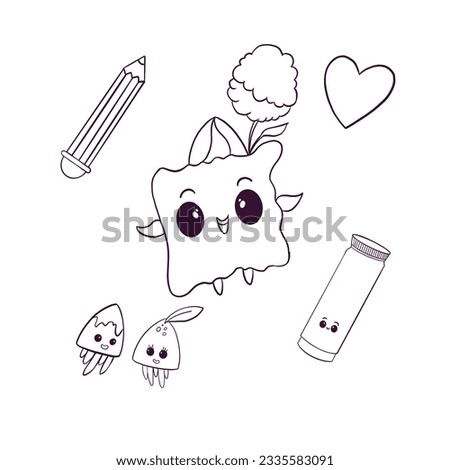 Set of funny kawaii stickers characters cartoon style hand drawn illustration isolated on a white background. Magical characters with cute emotions outline