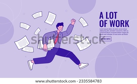 Office worker busy with work. Too much work. Businessman with hands holding many papers, A woman manages a lot of documents and information on the computer. documents in the air. documents office work Royalty-Free Stock Photo #2335584783