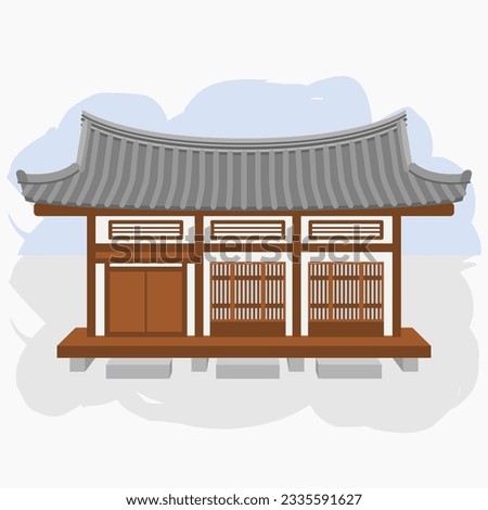 Editable Vector Illustration of Front View Wide Traditional Hanok Korean House Building for Artwork Element of Oriental History and Culture Related Design Royalty-Free Stock Photo #2335591627