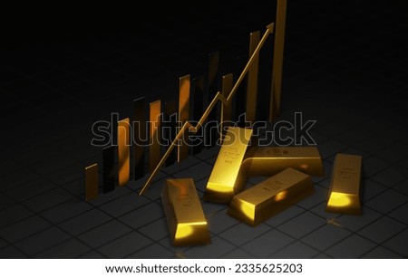 Discover the trends shaping the business landscape with this 3D render featuring gold bars, a bar graph, and an arrow on a sleek black background. Unlock the potential of financial success.