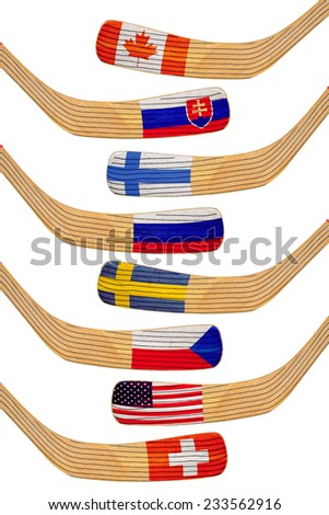 Hockey sticks and flags of the teams on a white background