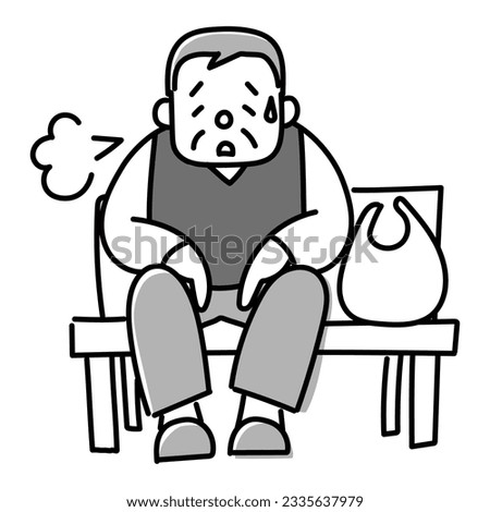 A monochrome illustration of an elderly man resting on a bench after getting tired in the middle of shopping.Easy-to-use vector material.