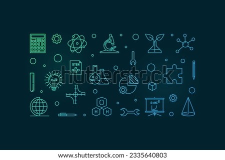 Science, Technology, Engineering and Math Education colorful outline horizontal banner - STEM concept illustration with dark background Royalty-Free Stock Photo #2335640803