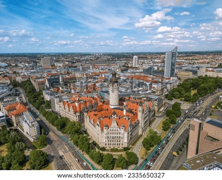 The drone aerial view of Leipzig, Germany. Leipzig is the largest city in the German federal state of Saxony, it is the economic centre of the region. Royalty-Free Stock Photo #2335650327