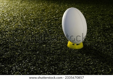 White rugby ball over grass with copy space, in slow motion. Rugby, sport, international, competition and games digitally generated image.