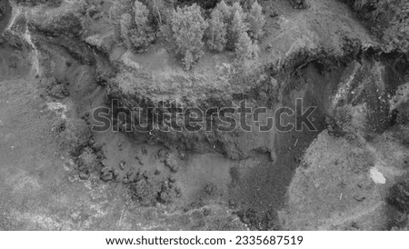 Aerial down view of the long-extinct volcano vent surrounded by a small coniferous forest and meadows with cows and horses, high mountain range on a rainy summer day, close, gray picture