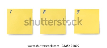 instruction mockup. 1, 2, and 3 order numbers on blank yellow sticky notes with copy space, priority, process, or instruction. plan point by point Royalty-Free Stock Photo #2335691899