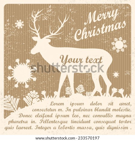 Vector Christmas wishes with deer and flakes on brown package paper (texture paper strips). Eps 10 vector file. 