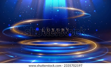 Blue luxury background with golden line decoration and curve light effect with bokeh elements. Modern art elegant dark scene. Royalty-Free Stock Photo #2335702197