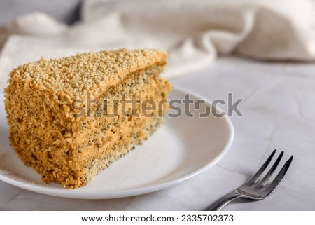 Walnut and poppy seed cake. A piece of cake on a light background