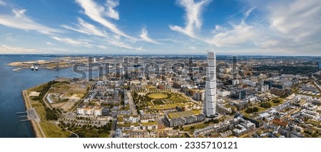 Beautiful aerial view of the Vastra Hamnen- The Western Harbour -district in Malmo, Sweden. Panoramic aerialview. Royalty-Free Stock Photo #2335710121