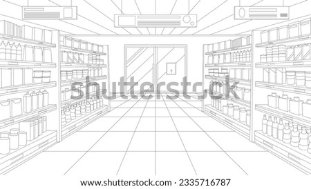 Supermarket or grocery store aisle, perspective sketch of interior vector illustration. Abstract black line retail shop inside, hypermarket shelves full of food products and variety of packages Royalty-Free Stock Photo #2335716787