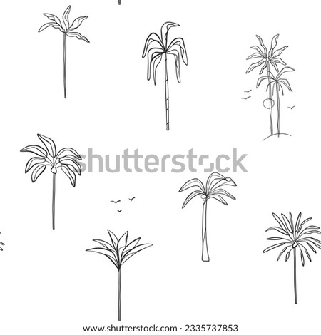 Hand drawn vector abstract simple minimalistic graphic drawing tropical seamless pattern with exotic palm tree. Summer palm beach modern design concept.Summer boho tropical palm tree seamless pattern.
