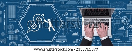 Top view of hands using laptop with symbol of crisis management concept