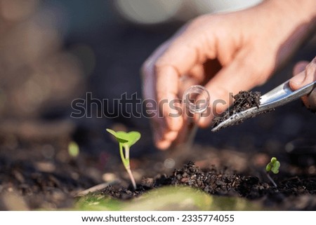 farmer collecting soil samples in a test tube in a field. Agronomist checking soil carbon and plant health on a farm Royalty-Free Stock Photo #2335774055