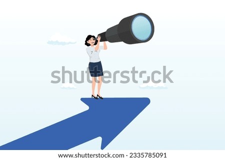 Success businesswoman standing on top of rising arrow with telescope to see future vision, woman leader with lady power business vision, woman visionary to see business opportunity (Vector)