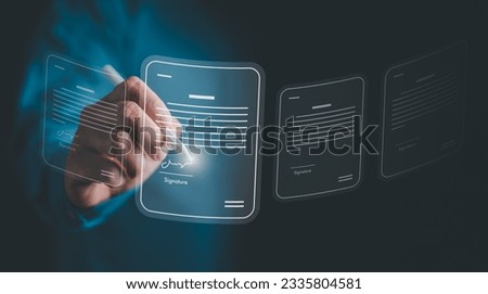Electronic signature and paperless for office concept. Businessman sign electronic documents in a digital files on virtual screen. E-signing, Smart document management. Online documentation database. Royalty-Free Stock Photo #2335804581