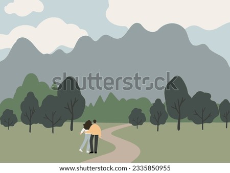 mountain landscape poster illustration clipart, vector travel road trip printable clip art, hiking in mountain scene images in flat style, tourist couple woman rock forest outdoor journey