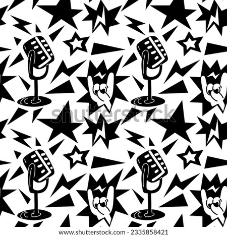 A pattern with elements of punk rock music, seamless on a white background. Black design elements, fingers, hands, star, microphone, zipper, triangle, sharp. Packaging for music festivals in black