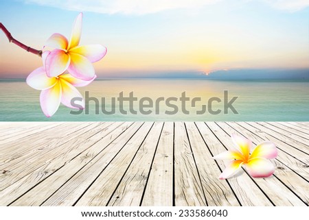 Plumeria flower and Wooden pier at sunset time