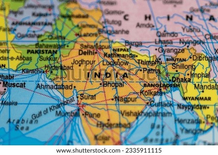 This stock image shows a close-up of the country of India in a map. The map is highly detailed, showing the borders of the country.