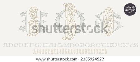 Wedding monograms creator kit. Elegant historical style alphabet for party invitations. The set includes Wide and Narrow capitals, so you can make your own monogram, by combining letters you want.  Royalty-Free Stock Photo #2335924529
