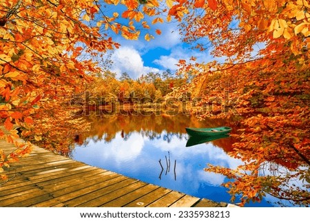 Autumn landscape in colorful lake. Golden fall leaves on beautiful lake. Red forest scenery in stunning nature. Autumn colors in the pond in the deep forest. Fall season in colorful forest. Royalty-Free Stock Photo #2335938213