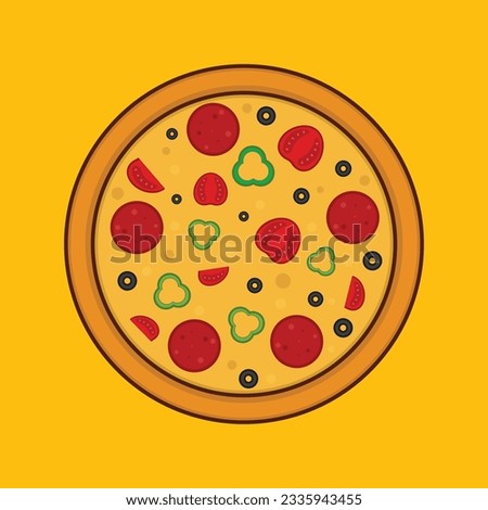 Flat Delicious Pepperoni Pizza Icon Illustration Vector with Olive Tomato
