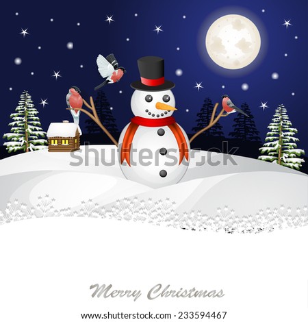 Bright Christmas card. Cheerful snowman 