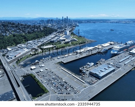 An aerial view of the harbor in Seattle, WA.