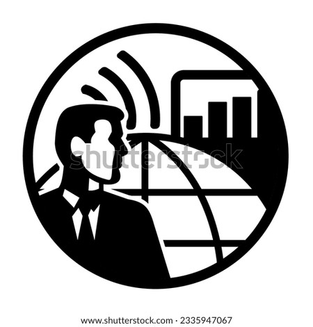Retro style illustration of a businessman industrial engineer with internet connectivity, globe, sales graph, industrial buildings set inside circle on isolated background done in black and white.