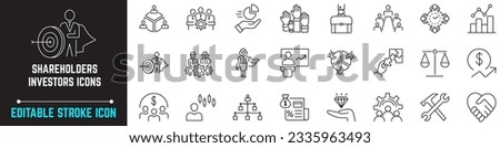 Simple Set of Business Shareholders Related Vector Line Icons. Contains Icons such as Stakeholders, Director, Mutual Benefits, Partnership, and more. Shareholders Investors editable stroke icons Royalty-Free Stock Photo #2335963493