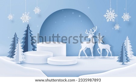 

Christmas Winter Product podium with reindeer on geometric shapes and snowflake on background, vector illustration in paper art style