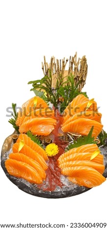 Salmon Sashimi with fresh wasabi adding red seawood and green shi so Royalty-Free Stock Photo #2336004909