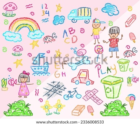 Child drawings with crayon. Kids doodle drawing, children crayon drawing and hand drawn kid ice cream, car, rainbow and sidewalk chalk pencil doodle vector illustration