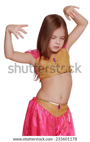 Nice portrait of beautiful long hair blonde woman in pink arabic dance costume/Young Caucasian belly dancing girl in beautiful decorated clothes on white background