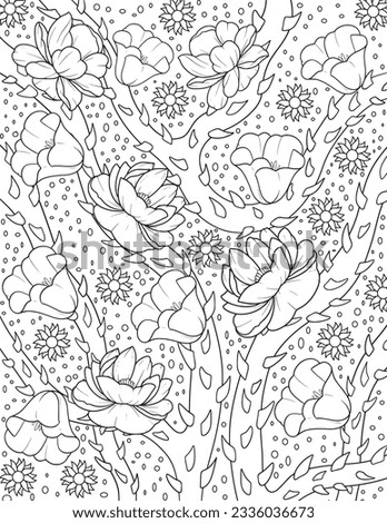 Magical Garden Coloring Page. Floral Background Coloring Page. Flowers Adult Coloring Page.