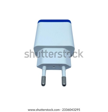 Blue White head charger usb inlet for battery recharge of android mobile phone isolated in white background