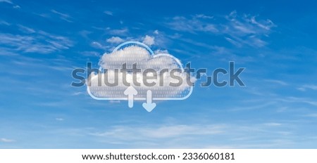 Cloud data storage concept - combination of my photography of blue cloudy sky and digital graphics. Abstract digital code and download and upload arrow symbols.
